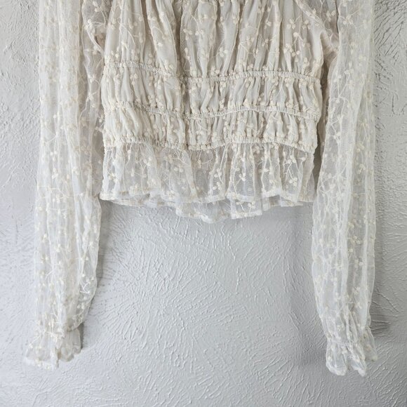 Sheer Off Shoulder Blouse M White Smocked Bell Sleeve Coquette Fairy Boho Top - Picture 8 of 11